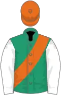 Emerald green, orange sash, white sleeves, orange cap