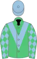 Emerald green, light blue chevron, diamonds on sleeves, light blue cap
