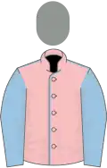 Pink, light blue seams and sleeves, grey cap