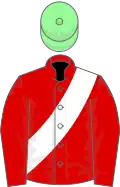Red, white sash, pale green cap