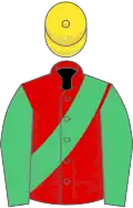 Red, emerald green sash and sleeves, quartered cap