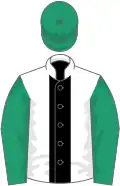 White, black stripe, emerald green sleeves and cap
