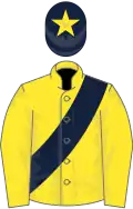 Yellow, dark blue sash, dark blue cap, yellow star