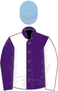 Purple and white (halved), sleeves reversed, light blue cap