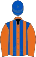 Orange and royal blue stripes, orange sleeves, royal blue cap