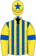 Yellow, blue striped, yellow sleeves, blue armlets, yellow cap, blue star