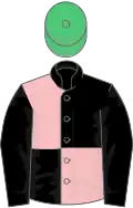 Black and pink (quartered), black sleeves, emerald green cap