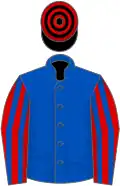 Royal blue, red and royal blue striped sleeves, black and red hooped cap
