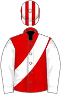 Red, white sash and sleeves, striped cap