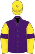 Purple, yellow sleeves, purple armlets, yellow cap