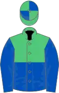Emerald Green and Royal Blue (halved horizontally), royal blue sleeves, quartered cap