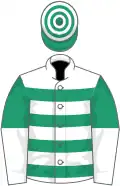 White and emerald green hoops, emerald green and white halved sleeves, emerald green and white hooped cap