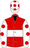 Red, white hoop, white sleeves, red spots, white cap, red spots