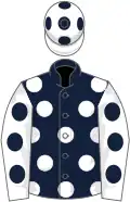 Dark blue, white spots, white sleeves, dark blue spots and cap