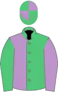 Emerald green and mauve halved, sleeves reversed, quartered cap