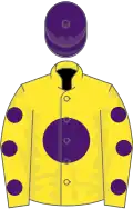 Yellow, purple disc, spots on sleeves, purple cap