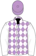 White and mauve diamonds, white sleeves, mauve cap