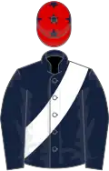 Dark blue, white sash, red cap, dark blue stars