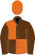 Brown and orange (quartered), brown sleeves, orange cap