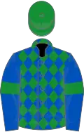 Royal blue, green diamonds, armlets and cap