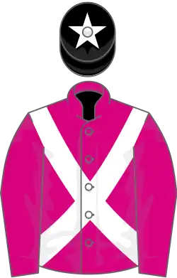 Cerise, white cross belts, black cap, white star