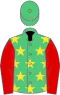 Emerald green, yellow stars, red sleeves, emerald green cap