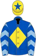 Royal blue, yellow diamond, light blue sleeves, royal blue chevrons, yellow cap, royal blue star
