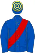 Royal blue, red sash, royal blue and yellow hooped cap