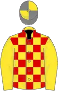 Yellow and red checked, yellow sleeves, quartered cap