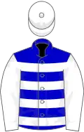 Blue and white hoops, white sleeves and cap