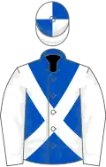 Royal blue, white cross sashes and sleeves, white and royal blue quartered cap