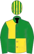 Green and yellow (quartered), green sleeves, striped cap