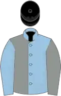 Light blue and grey (halved), sleeves reversed, black cap