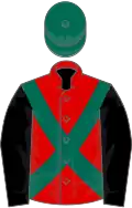Red, dark green cross sashes, black sleeves, dark green cap
