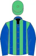 Royal blue and emerald green stripes, blue sleeves, green cap