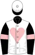 White, pink heart, black collar, black sleeves, pink hoop, white cap,black button and visor