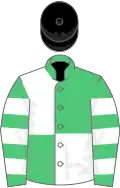 Emerald green and white (quartered), hooped sleeves, black cap
