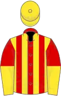Red, yellow stripes, halved sleeves, yellow cap
