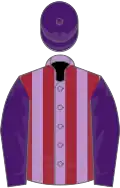 Mauve and maroon stripes, purple sleeves and cap