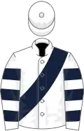 White, dark blue sash, hooped sleeves, white cap