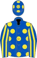 ROYAL BLUE, yellow spots, striped sleeves, blue cap, yellow spots