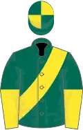 Dark green, yellow sash, halved sleeves, quartered cap