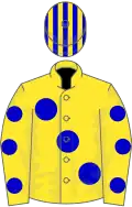 Yellow, large blue spots, spots on sleeves, striped cap