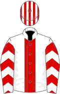 White, red stripe and chevrons on sleeves, striped cap