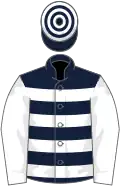 Dark blue, white hoops, white sleeves