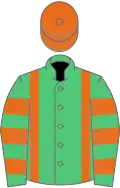 Emerald green, orange braces, hooped sleeves, orange cap