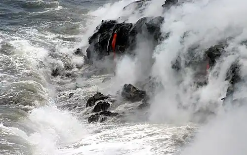 Pāhoehoe flows enter the Pacific Ocean on Hawaiʻi island