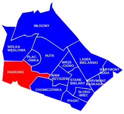 The location of Radiowo within the district of Bielany, in accordance to the divisions of the City Information System.