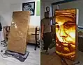 "Exit to..."- packing Tape art portrait of the first cosmonaut Yuri Gagarin by Berlin-based tape artist Slava Ostap. Brown packing tape on light-box. 2017.