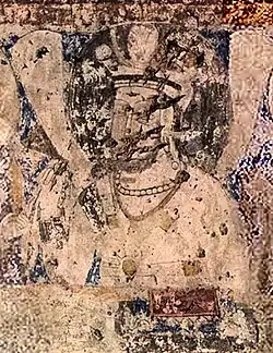 Probable King of Bamiyan, in Sasanian style, in the niche of the 38 meters Buddha, next to the Sun God, Bamiyan.[103][122][123]